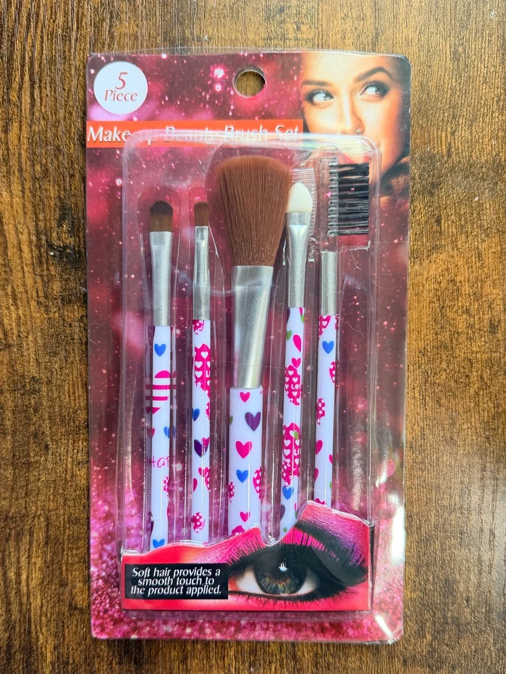 Heart-Print Pink Makeup Brush Set - 5 Piece